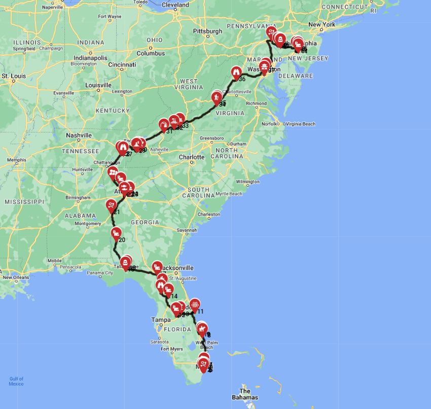 RV trip planner a route from Miami to Philadelphia
